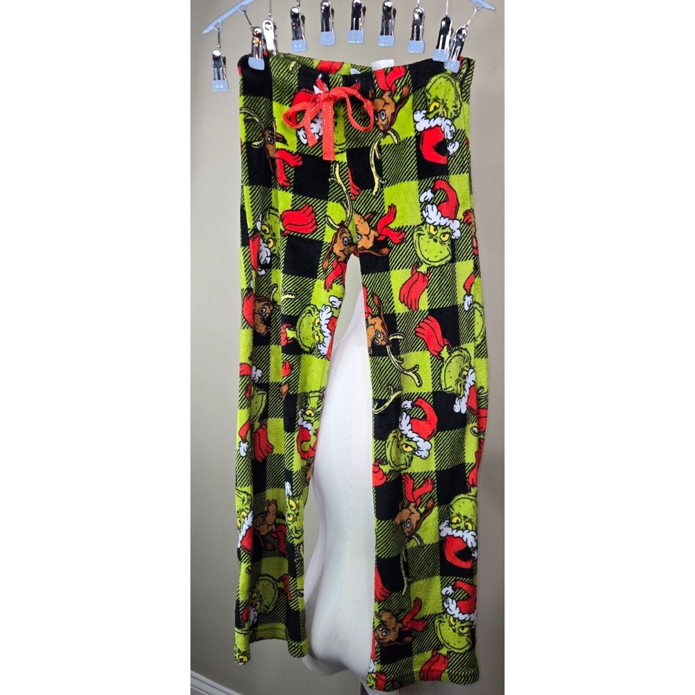 Dr Seuss Grinch Plush Fleece Pajama Lounge Pants Mens M Green Plaid